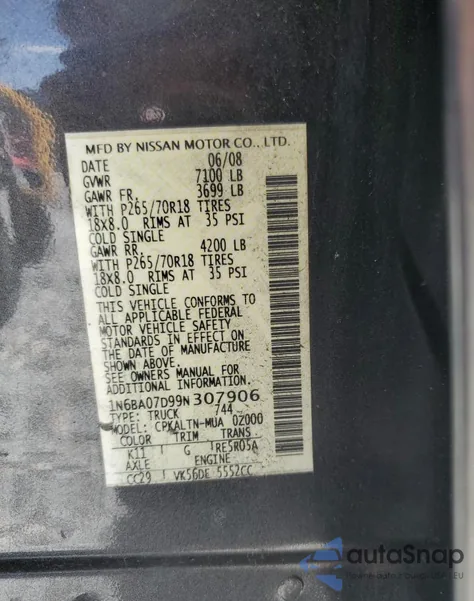 2009 Nissan Titan Xe z USA, uszkodzony, nr VIN 1N6BA07D99N307906